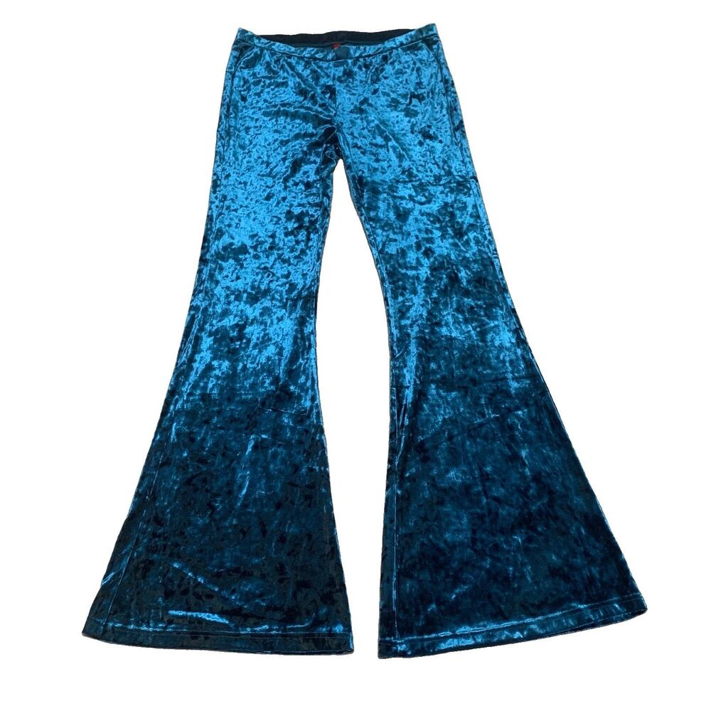 Hot Kiss Teal Blue Crushed Velvet Bell Bottom Flare Pants L Retro Festival